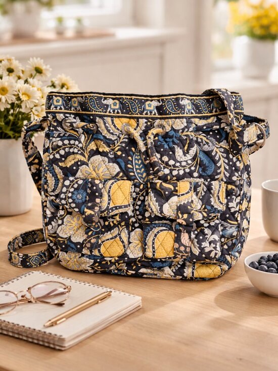 Vera Bradley Handbags - Vera Bradley Ellie Blue & Yellow Elephant Drawstring Crossbody Bag flap pockets